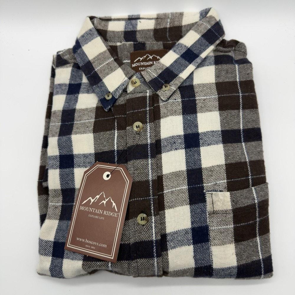 Mountain Ridge Plaid Flannel Shirt Button Down Plus 2XL NEW Brown‎ Cream Blue